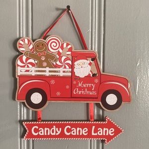 NWT Wooden Glitter Merry Christmas Santa Truck Candy Cane Lane➡️ Decoration Sign